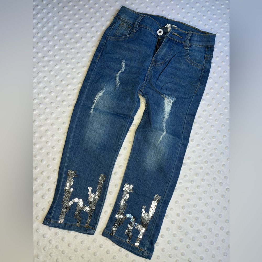 Girls Silver Sequins Denim Jeans